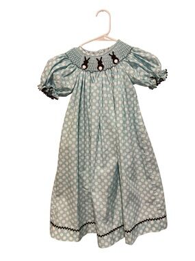 Southern Tots Girls' Light Blue Polka Dot Smocked Dress with Brown Bunny Motif